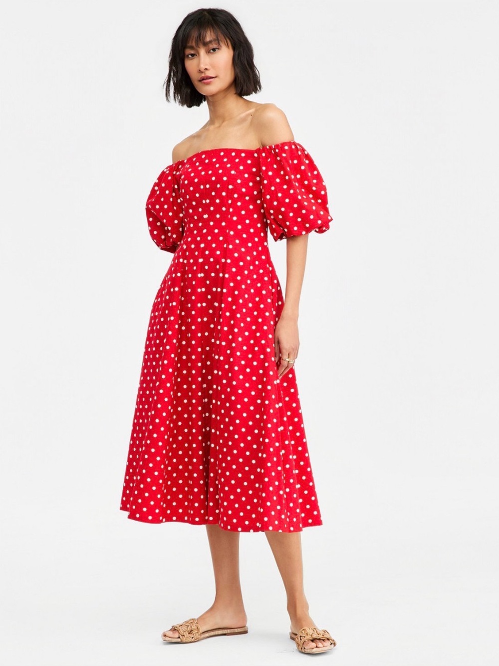 Red Polka Dot Puff Sleeve Midi Dress